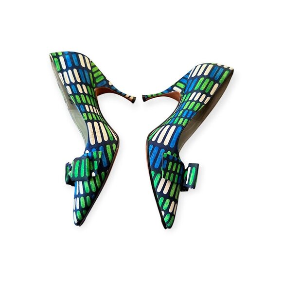 Vintage Herbert Levine Pumps |1960s Mod| Blue Green Geometric, Bow | Size 5.5A - Picture 4 of 14